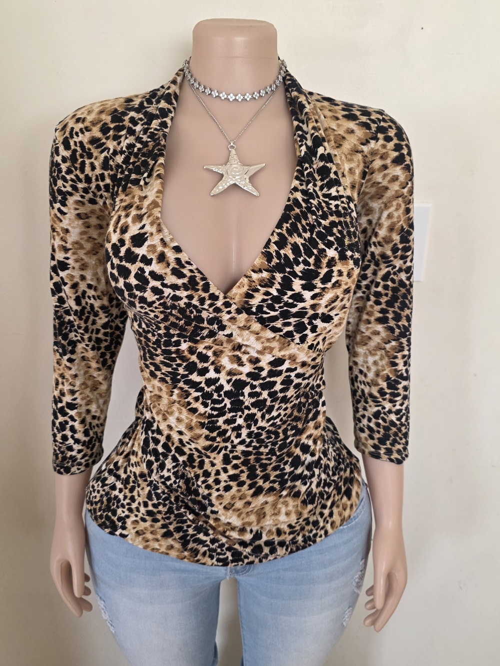 Rose & Olive Leopard Print Wrap-Style Long Sleeve Top - Black & Brown